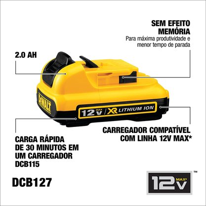 Bateria de Lítio 12V XR MAX 2,0 Ah DCB127 DEWALT