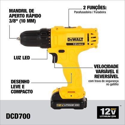 Parafusadeira Furadeira 3/8″ 12V Bivolt DCD700LC1 DEWALT